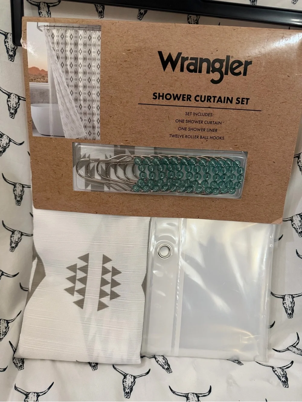 Wrangler White Shower Curtain Set with Teal Roller Hooks